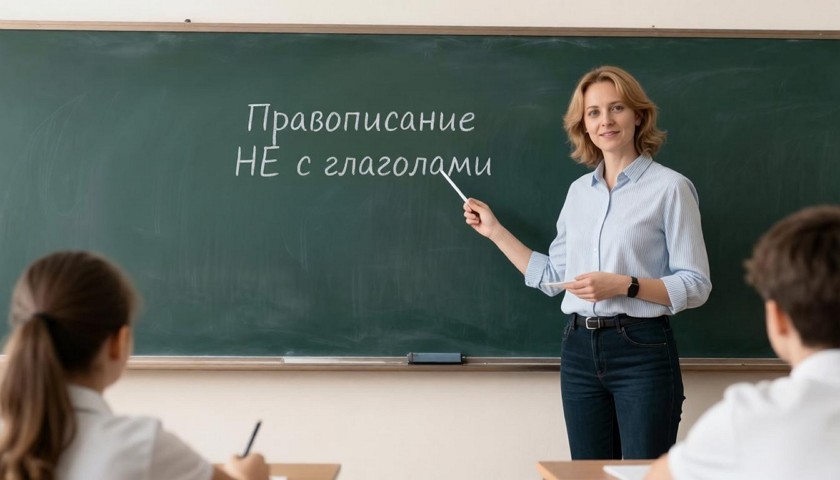 Учитель русского языка объясняет пятиклассникам правило правописания НЕ с глаголами у школьной доски