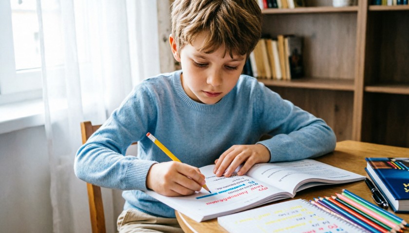 Ребёнок 10-11 лет подчёркивает цветным карандашом безударные гласные и парные согласные в тетради по русскому языку, поиск опасных мест в словах