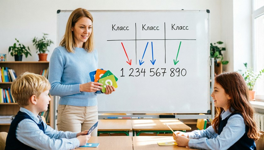 Классы и разряды чисел в 5 классе: учитель показывает таблицу и собирает число по разрядам