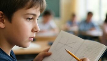 Учитель объясняет ученику 5 класса координатный луч и единичный отрезок в тетради на уроке математики.